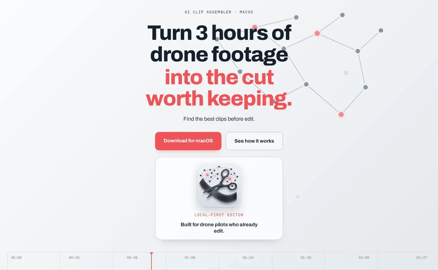 AI Clip Assembler landing page hero with the headline about turning drone footage into a cut worth keeping